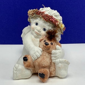 DREAMSICLES CHERUB ANGEL chalkware figurine vintage sculpture Kristen signed statue cast art vtg 1994 Love my teddy bear fuzzy hair