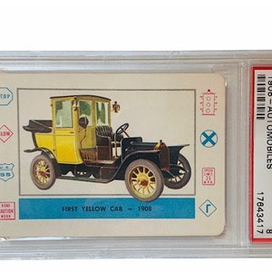 Planes Trains Ships Cars Automobiles Trading Collectors Card 1958 Cardo Trading Leaf Guild Graded Mint PSA 8 First Yellow Cab A21 taxi