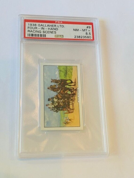 gallaher ltd cigarette cards Gallaher LTD Cigarettes Tobacco Trading Card Graded PSA 8.5 MINT 1938  Virginia House Horse Racing Derby Scenes #9 Four in Hand Epsom Ascot