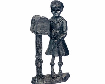 Michael Ricker pewter figurine vtg signed sculpture metal decor gift 7550 collectors society mail box postman girl