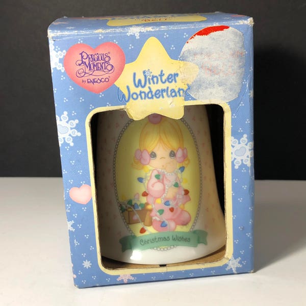 ENESCO PRECIOUS MOMENTS Winter wonderland porcelain bell figurine statue sculpture nib box Christmas wishes ornament 342300 Sam Butcher 1997