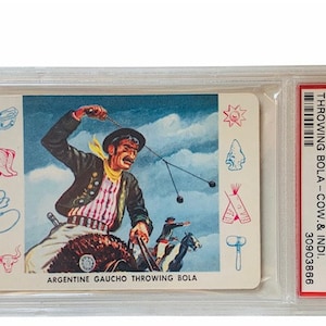 Buccaneers Pirates Raiders Trading Collectors Card 1959 Cardo Trading Leaf Guild Graded Mint PSA 8 Argentine Gaucho throwing Bola C6 west