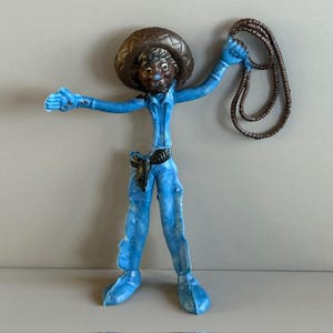 Vintage Brabo Bendies Toy Figure Bendy 1970s Hong Kong Western Cowboy Lasso Blue