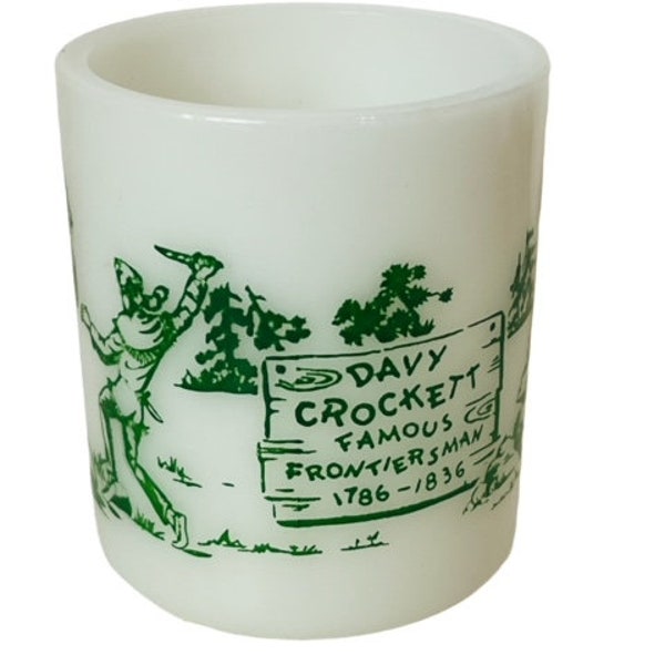 Davy Crockett Frontiersman milk glass mug Fire King vtg anchor hocking Bear 1836