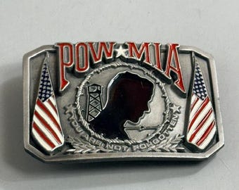 Hebilla de cinturón vintage de peltre POW MIA Nunca Olvidados Veteranos Militares Bergamota EE. UU.