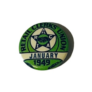Retail Clerk Trade Union Pin Button Pinback Bastian Bros vtg 1949 January mcm MS