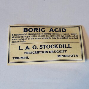DRUGSTORE PHARMACY LABEL antike Spähe Mera Vintage ww1 Ära wwi Werbung Handwerk lao Stockdill triumph Minnesota mn Borsäure