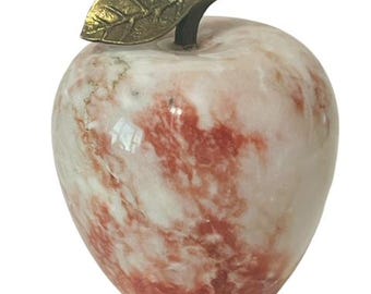 Apple Paperweight Fruit Vegetable Figurine Kitchen Antique Vtg Brass Marble leaf