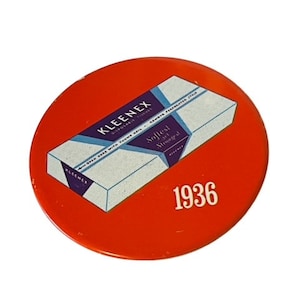 Kleenex Tissue Button pinback pin slogan vtg advertising red antique ad USA 1936