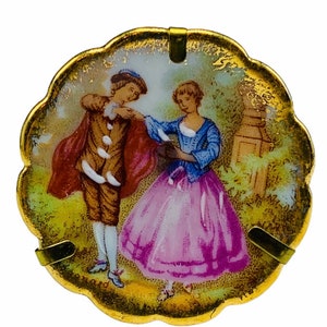 Limoges France art deco vtg plate miniature French picnic gold stand victorian picnic patriot courtship in the garden A2