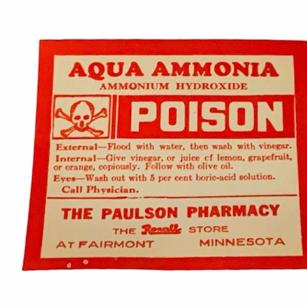 DRUGSTORE PHARMACY LABEL antique paper ephemera vintage ww1 era wwi advertising tag for bottle craft Aqua Ammonia Poison Fairmont Paulson Mn