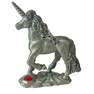 Einhorn Figur Zinn SIGNED Pegasus Fantasy Spoontiques 1980er Jahre Ruby Gem MR654