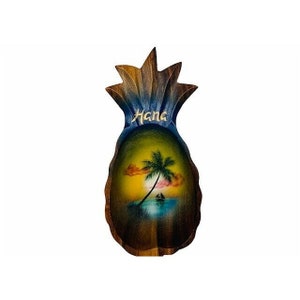 Tiki Wood Pineapple dish bowl Hana Hawaii Hula palm tree sailboat carved art vtg