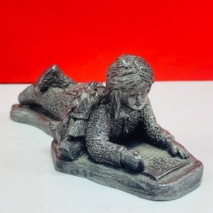 MICHAEL RICKER PEWTER figurine sculpture vintage statue folk art signed signature vtg 1995 dear santa christmas list girl pajamas santa
