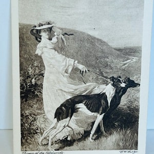 May include: A black and white illustration of a woman in a long dress walking a dog. The woman is wearing a hat and the dog is a greyhound. The image is titled "Diana of the Uplands" and is signed "C.W. Burgess".
