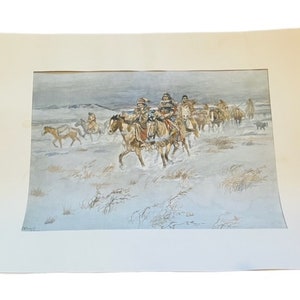 Emerson Western Print 18X14 Cowboy signed art CM Russell Winter Native Chief Vtg AC1
