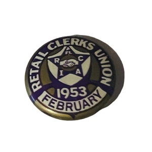 Retail Clerk Trade Union Pin Button Pinback Bastian Bros vtg 1953 February usa 2