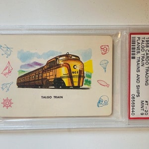 Planes Trains Ships Cars Automobiles Trading Collectors Card 1958 Cardo Trading Leaf Guild Graded Mint PSA 9 Talgo Locomotive Spanish T20 image 2
