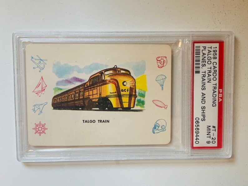 Planes Trains Ships Cars Automobiles Trading Collectors Card 1958 Cardo Trading Leaf Guild Graded Mint PSA 9 Talgo Locomotive Spanish T20 image 2