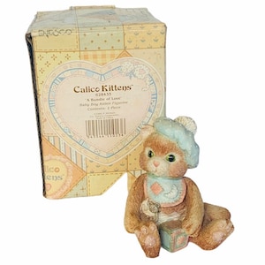 CAT KITTEN FIGURINE Calico kitten Enesco vintage resin sculpture statue home decor collectible gift vtg bundle of love kitty baby bib blocks