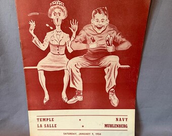 Reklam för vintage basketprogram 1954 Lasalle Temple Navy Muhlenberg recension