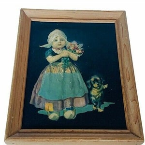 School Award 1945 Vtg frame District 94 girl puppy dog wall hanging antique 9X7