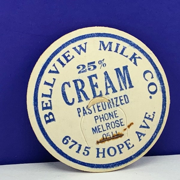 MILK BOTTLE CAP vintage advertising dairy farm ephemera paper label vtg americana graphics sign pog cream Bellview cream hope ave melrose