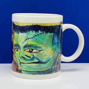 VINTAGE COFFEE MUG cup collectible rare ceramic Frankenstein universal monster art Brown Haley zombie walker horror spooky forest