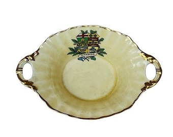 Royal Winton Grimwades England Two Handle Bowl Dish Canada gold crest signed vtg