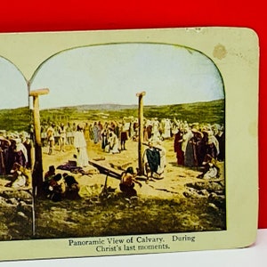 STÉRÉOVIEW sépia photographie photo antique americana Vintage VTG USA éphémères nous fait 1896 Jésus Christ derniers moments Calvaire Croix