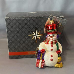 Vintage Christopher Radko Glass Christmas Ornament Box Gentle Gent Snowman Broom