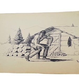 Emerson Western Print Art Litho 11X7 stencil drawing Cowboy Americana Wild West collectible 1973 vintage USA range Log Cabin Axe pioneer AC1
