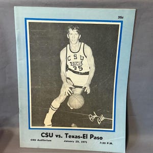 May include: A vintage black and white basketball game program featuring a player in a CSU Rams jersey with the number 25. The program is titled "CSU vs. Texas-El Paso" and includes the date January 29, 1971, and the time 7:30 P.M.