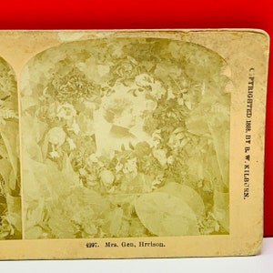 STEREOVIEW SEPIA PHOTOGRAPH antique photo picture americana vintage vtg usa ephemera us made 1888 Mrs Gen Harrison bw kilburn portrait