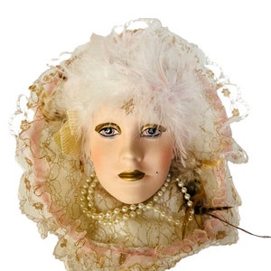 Porcelain Lady Wall Mask art deco face figurine lady victorian pearl necklace white feathers
