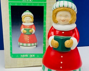 CHRISTMAS MUSIC BOX figurine holiday decor statue vintage vtg mcm musical porcelain Schmid 1970s wish you merry xmas song