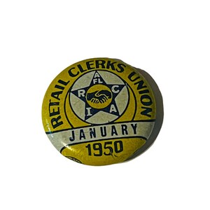 Retail Clerk Trade Union Pin Button Pinback Bastian Bros vtg 1950 January mcm NY