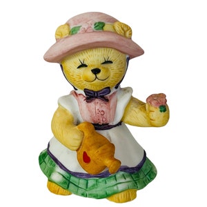 Porcelain Bear Miniature Bisque Figurine anthropomorphic teddy cub water flowers