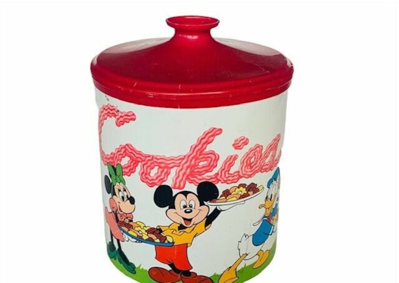 Walt Disney Cookie Jar vtg Cheinco J Chein co metal can lid Mickey Goofy Donald