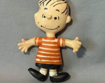 May include: A vintage figurine of a cartoon character with a smiling face, black hair, and outstretched arms. The character wears an orange and white striped shirt, black shorts, white socks, and black shoes. The figurine is made of a light beige material.