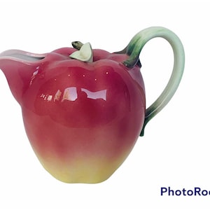 Apple Pitcher ceramic vintage antique Japan 1950s anthropomorphic fruit kitchen decor gift collectible plum vegetbale leaf handle creamer