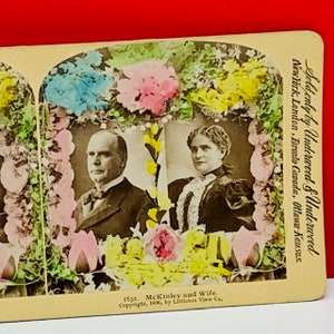 STEREOVIEW SEPIA PHOTOGRAPH antique photo picture americana vintage vtg usa ephemera us made 1896 Mckinley and wife underwood portrait