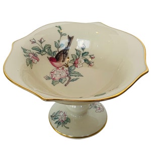 LENOX SERANADE BOWL Vintage candy nut dish porcelain floral flower bird decor gift gold trim decorative retired