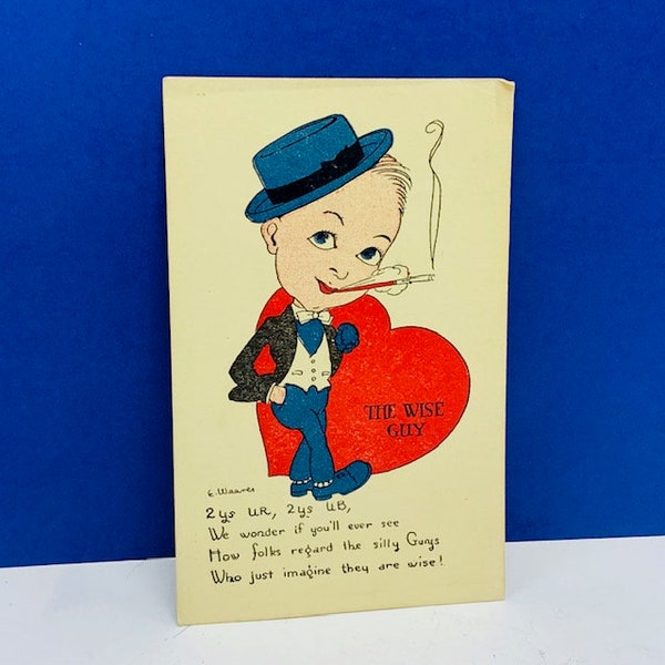 VALENTINES DAY POSTCARD 1920s antique paper ephemera holiday post card white border divided back vintage wise guy knock smoking