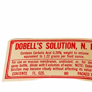 DRUGSTORE PHARMACY LABEL antique paper ephemera vintage ww1 era wwi advertising tag for bottle craft Dobells solution nf