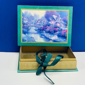 THOMAS KINKADE VINTAGE 1997 gift box painter of light amcal vtg storage for jewelry trinkets craft supplies Christmas bridge cottage