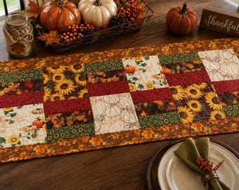 Fall Quilted Table Runner, Handmade Pumpkin Table Decor, Autumn Farmhouse Runner, Thanksgiving Dining Table Decor