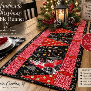 May include: A rectangular quilted table runner featuring a patchwork design with red and black fabric panels. The pattern includes printed motifs of Christmas trees, holiday lights, and peppermint candies, finished with a black stitched border.