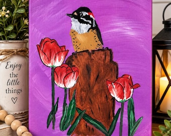 Hand Painted Bird Canvas Art, Colorful Bird and Flower Painting, Nature Wall Decor, Bird Lover Gift, Original Artwork