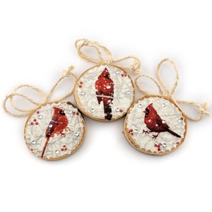 Cardinal Ornaments, Set of Three Wooden Ornaments, Eco-Friendly Decor, Sparkling, Winter Birds, Farmhouse Country Decoration